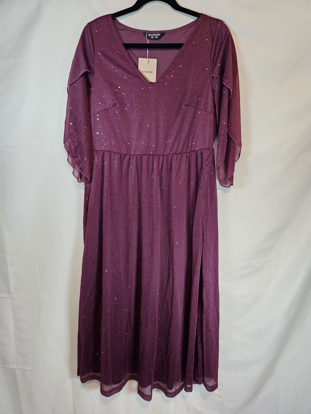 BloomChic Wine Sparkle V-Neck Long Sleeve Midi Dress